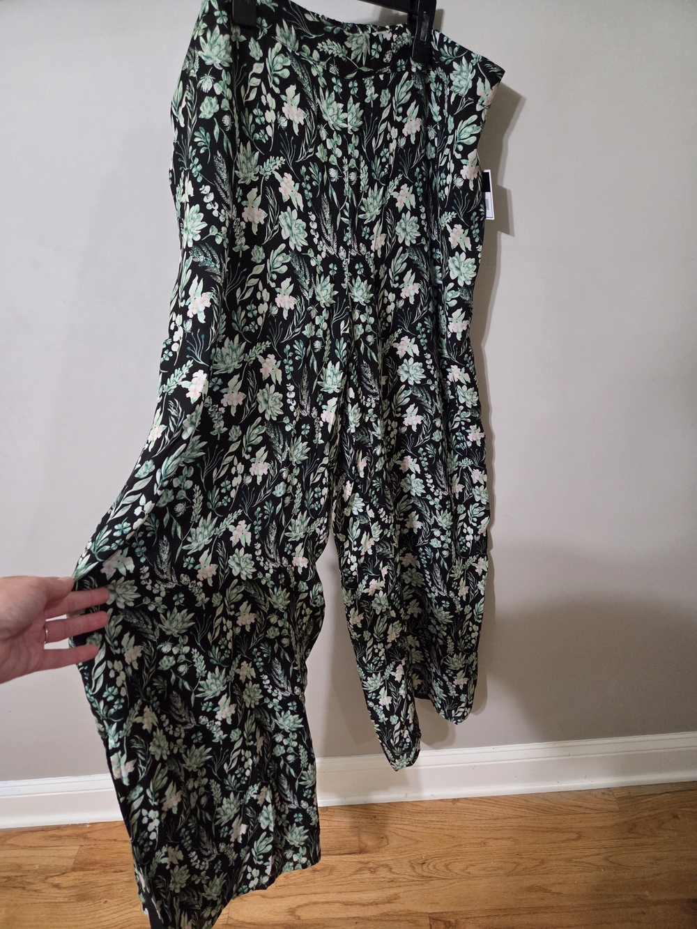 Kaari Blue Black Wide-Leg Floral Flowy Pant with Mint and Cream Print